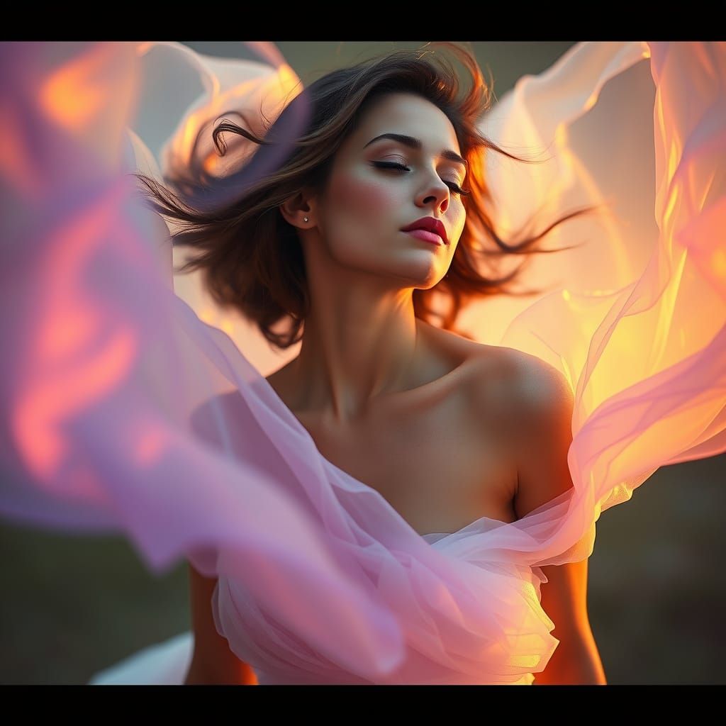 Ethereal Woman in Mist, Golden Hour Lighting