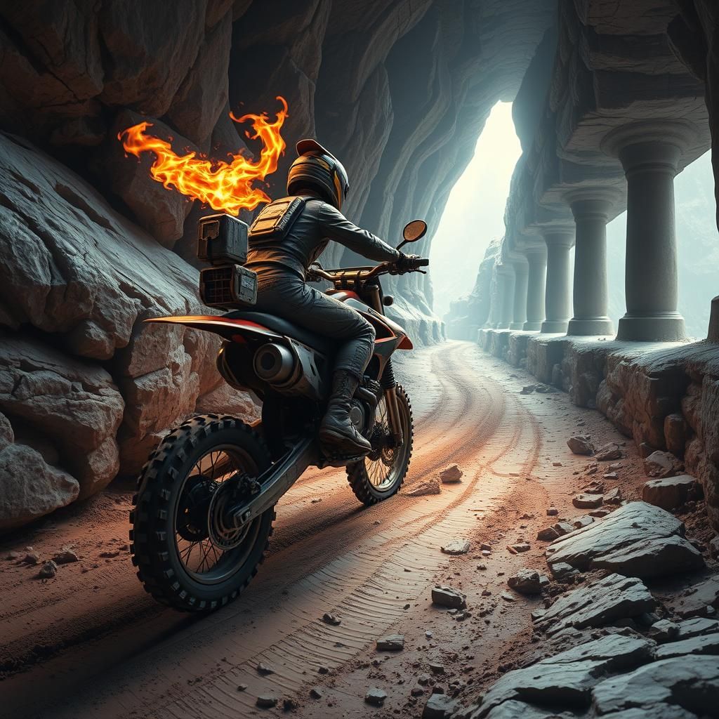 Claymation Dirtbike Spewing Flames on Mountain Trail