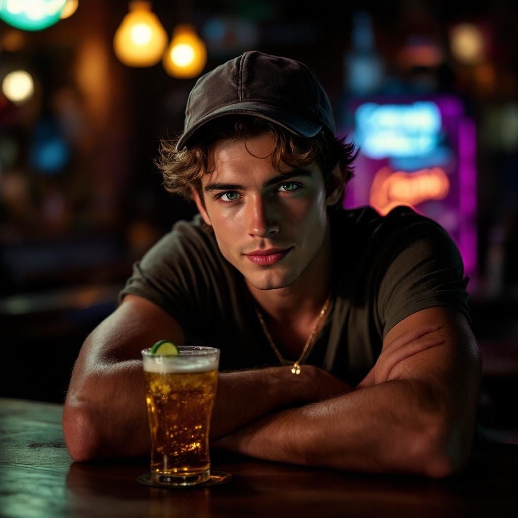 Young Man Enjoying Corona Beer, Photorealistic Portrait