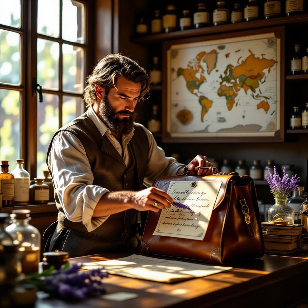 Apothecary Reaches for Parcel in Sunlit Courier Station