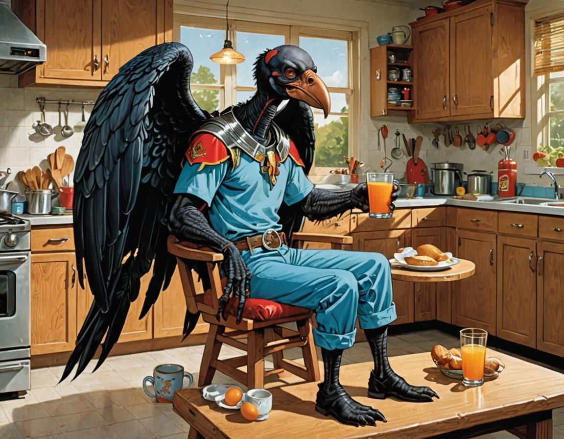 A vulture-headed black alien with large vulture wings folded at his back, wearing a light-blue t-shirt a pair of red sho...