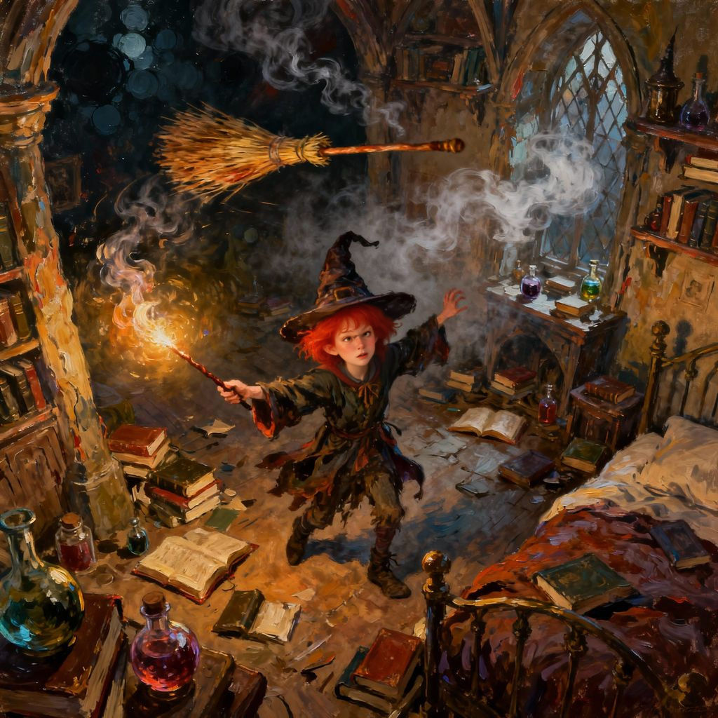 Annoyed Witch and Flying Broom in Cozy Dormitory