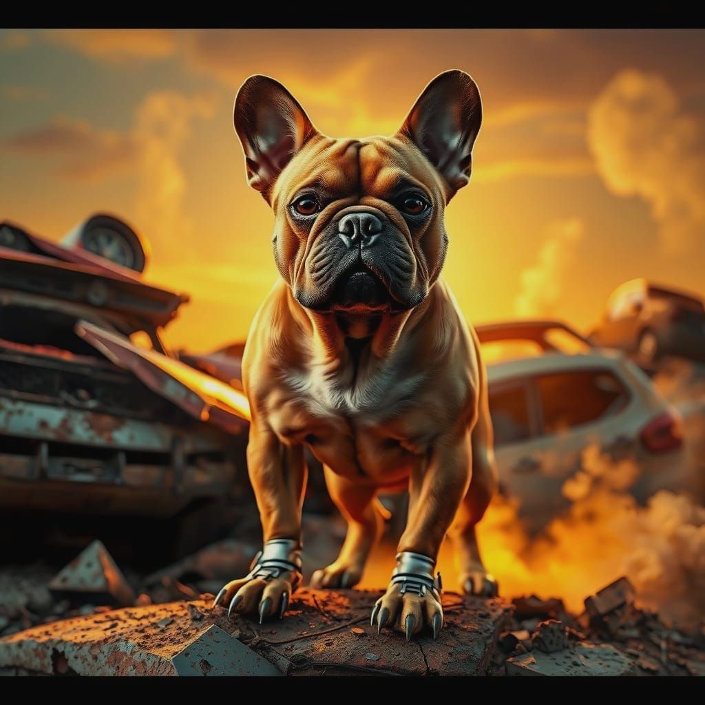 Golden French Bulldog in Junkyard with Robotic Legs at Sunri...