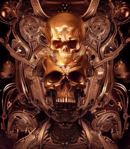 Golden Biomechanical Skull in Detailed 3D Rendering