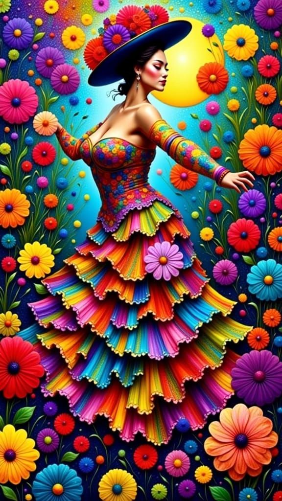 Surreal Gypsy Woman Dancing in Vibrant Garden