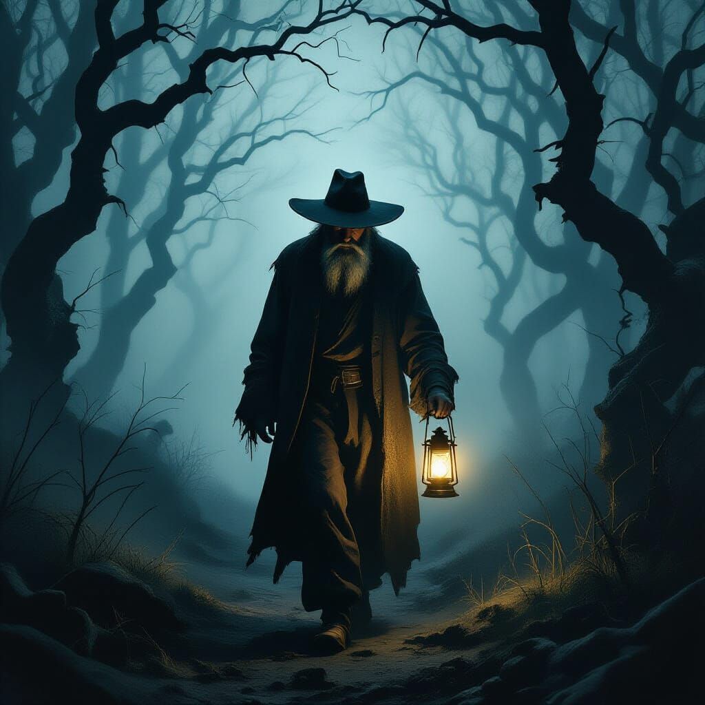 Old Man Walks Dark Forest with Lantern: Rembrandt Style