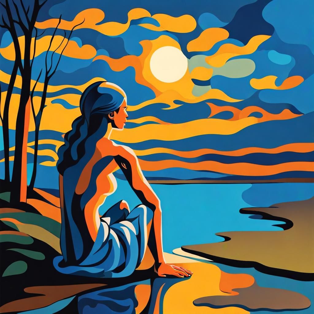 Melancholic Woman at Sunset in Cubist Style