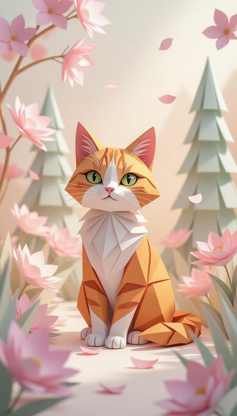 Whimsical Paper Cat in Origami Wonderland