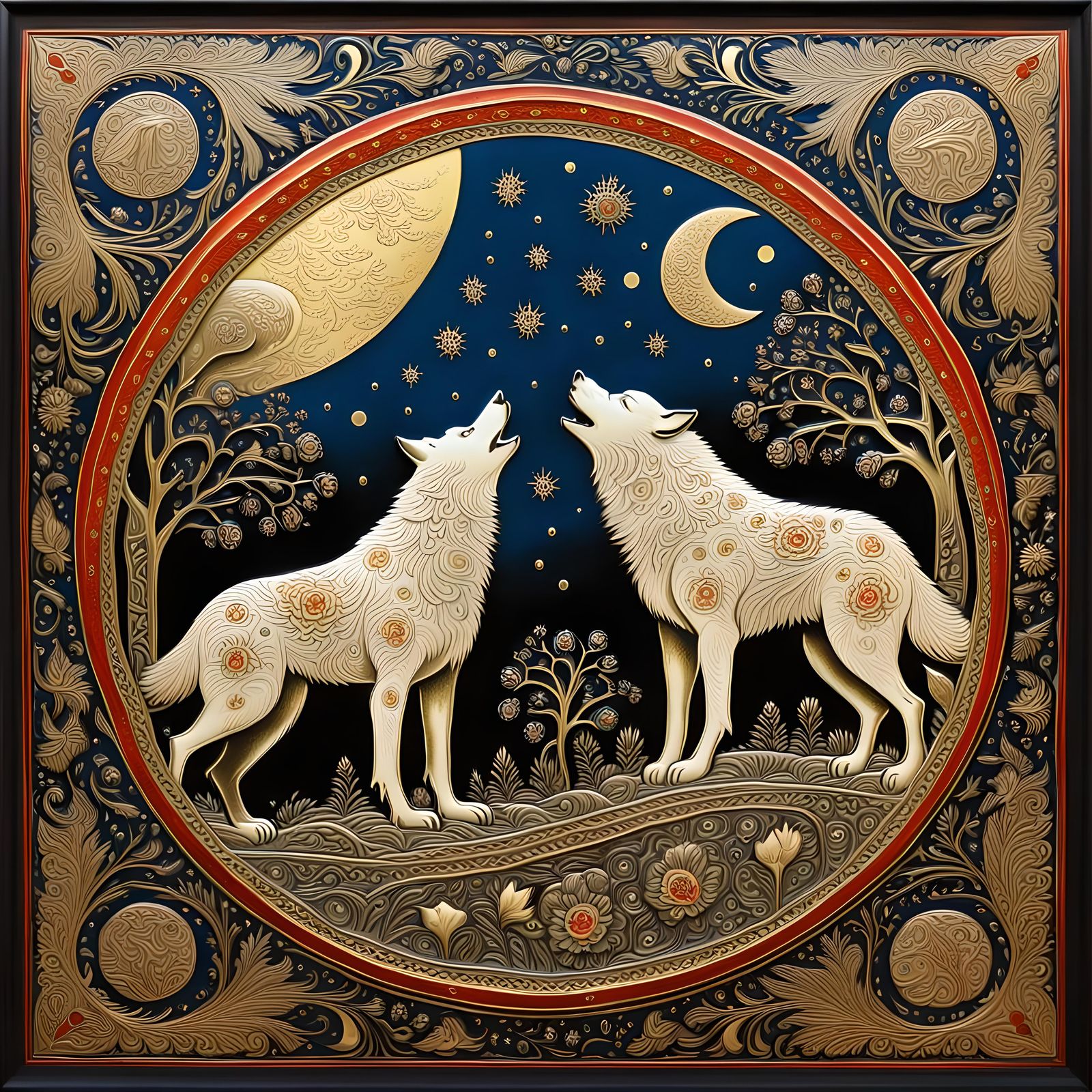White Wolves Under Moon in Khokhloma Style