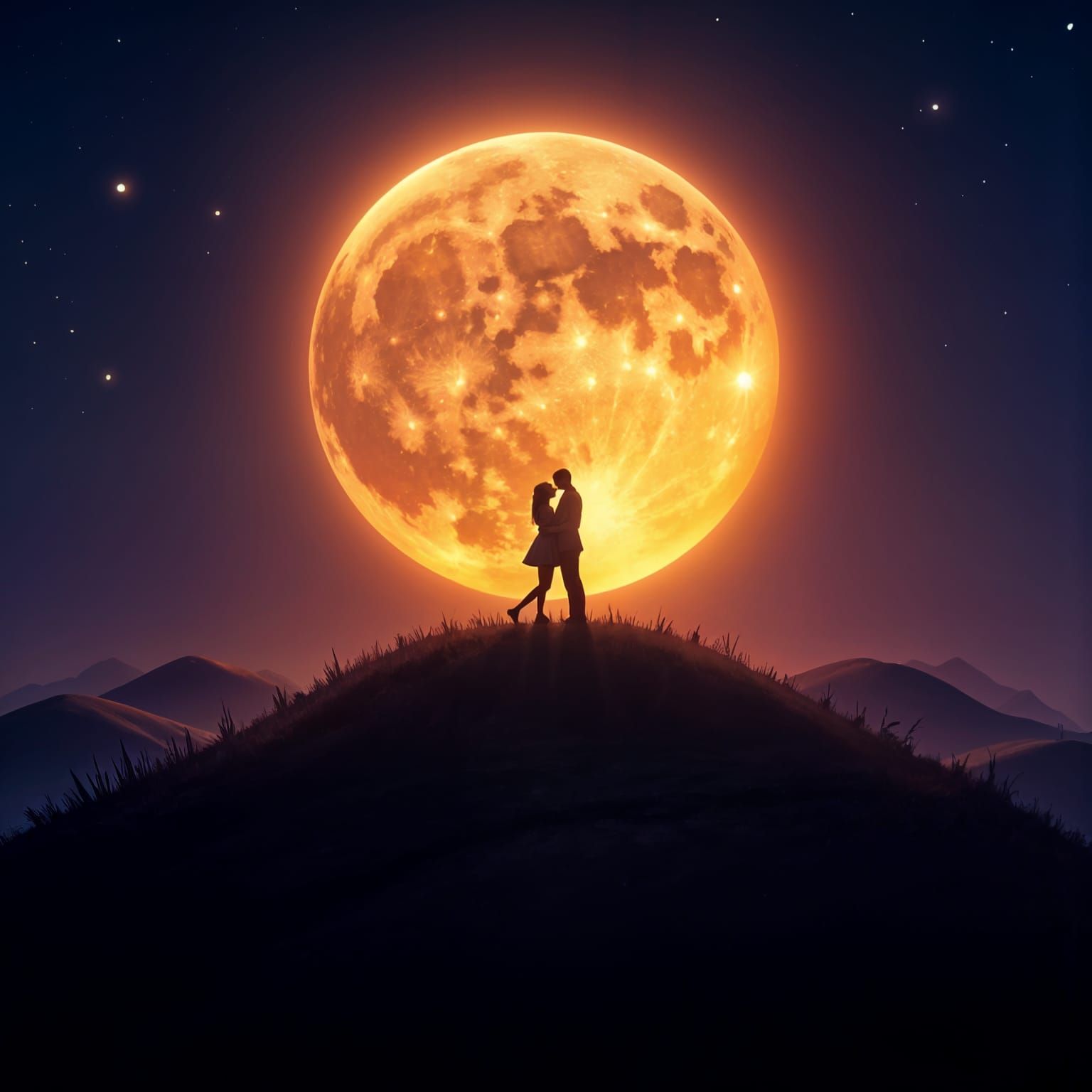Romantic Harvest Moon Silhouette on Hilltop