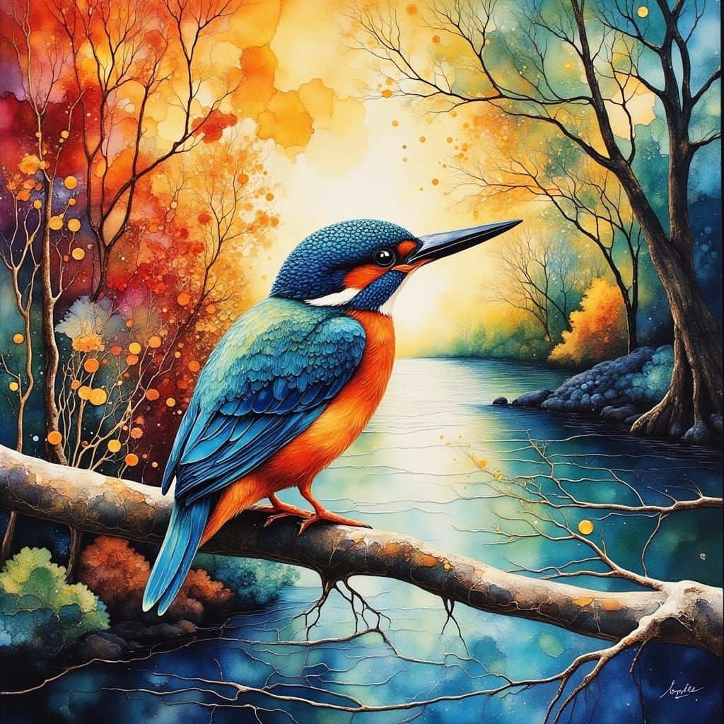 Vibrant Kingfisher in a Watercolor Landscape
