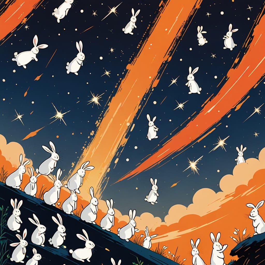 Vibrant Bunnies Fall from Celestial Beams in Whimsical Orien...