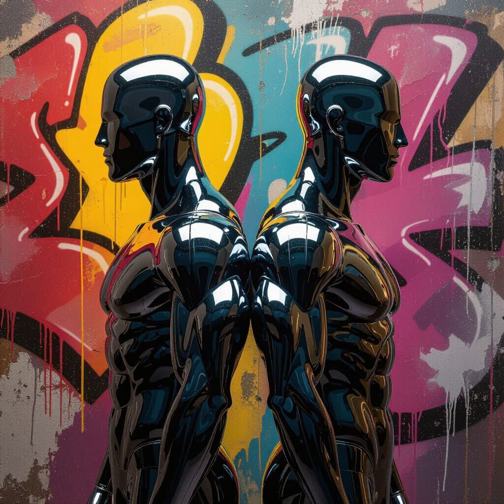 Chrome Bodybuilders in Polychromatic Graffiti Landscape