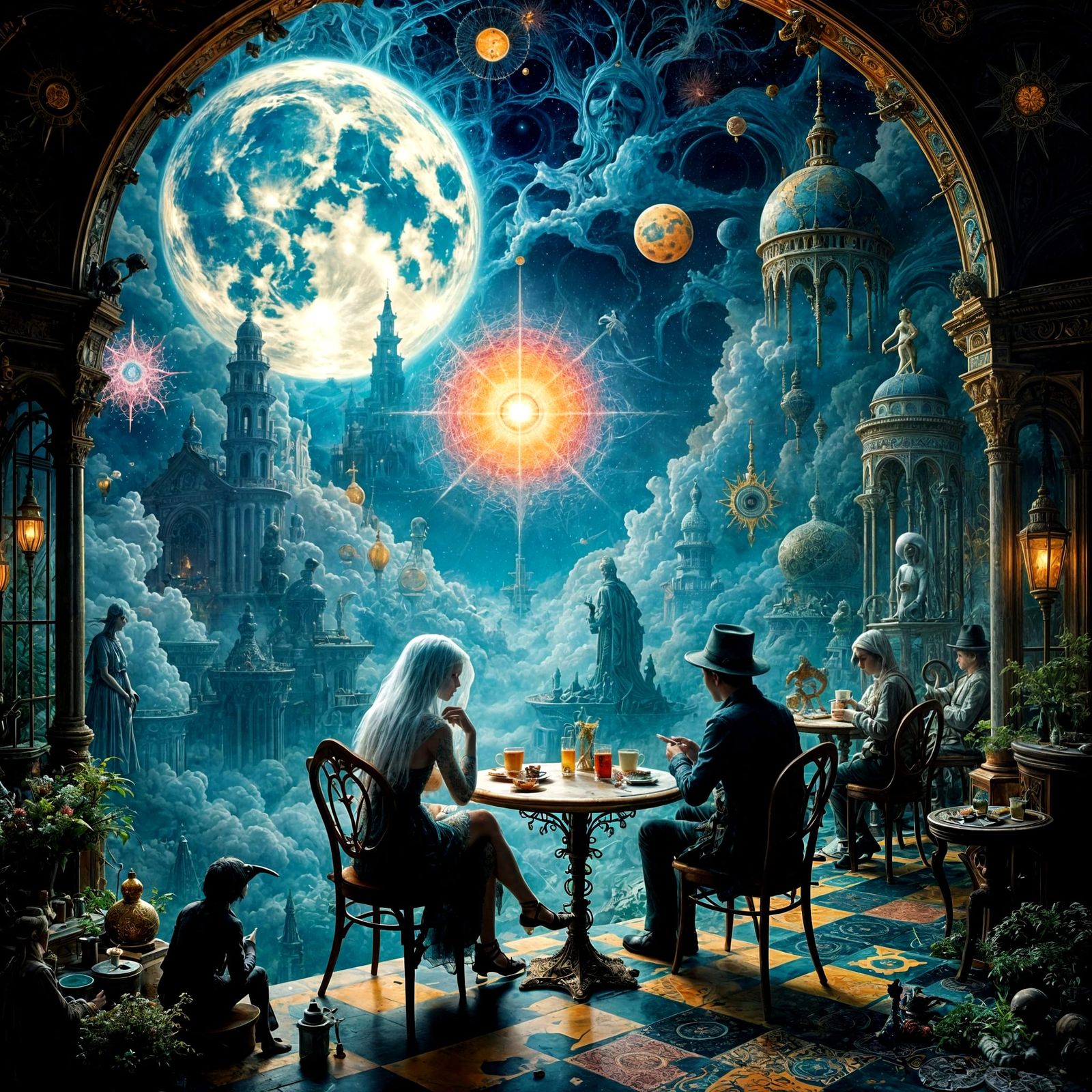 Introspective Figure in a Surreal Cafe, Glitch Art