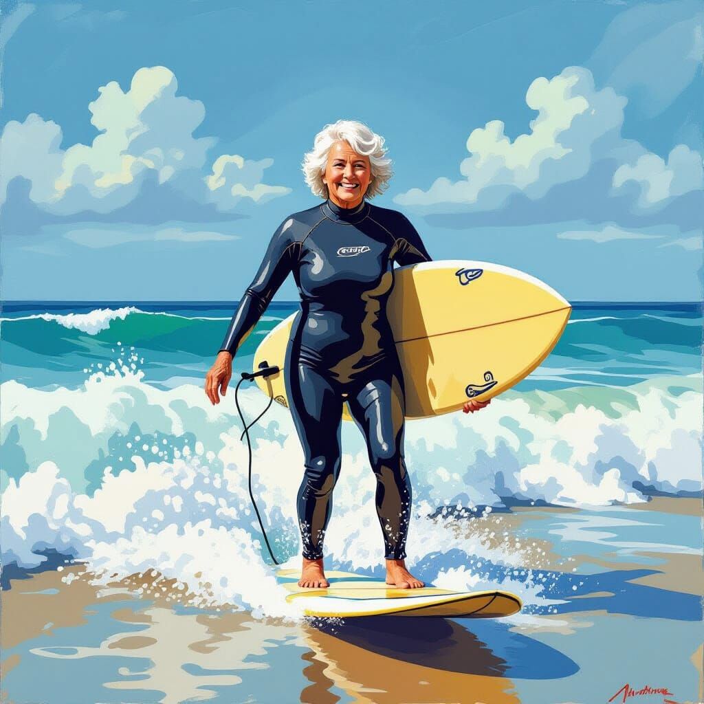 Senior Woman Surfing, Vibrant Expressive Art