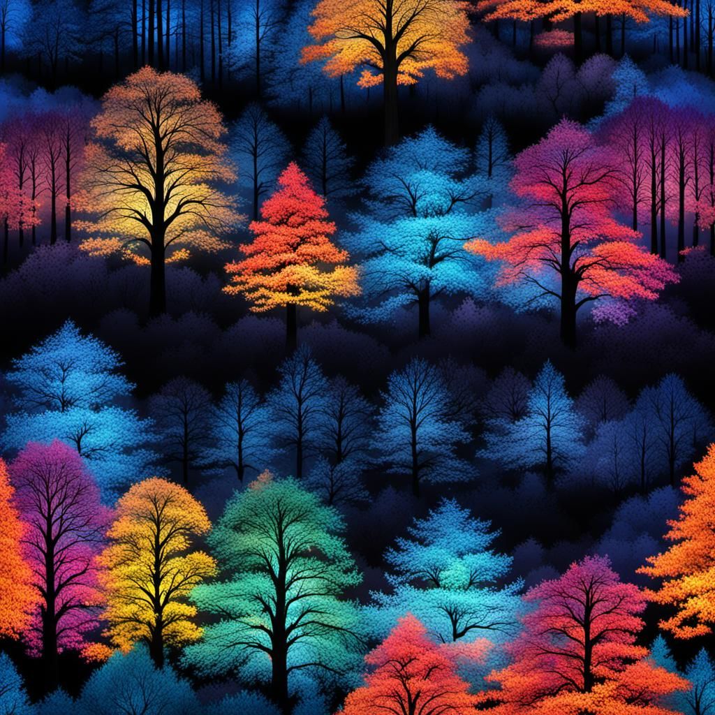 Glowing Multicolored Trees in Enchanted Forest