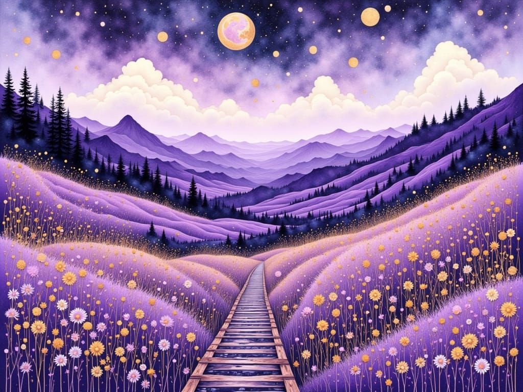 Ethereal Lavender Dreamscape in Burnished Gold