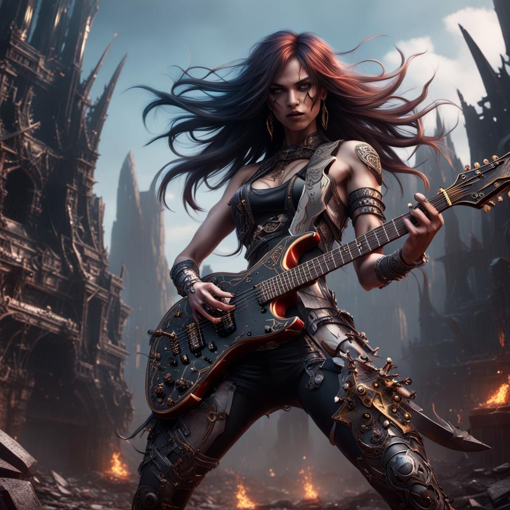 Heavy Metal Guitar Girl in Detailed Digital Painting