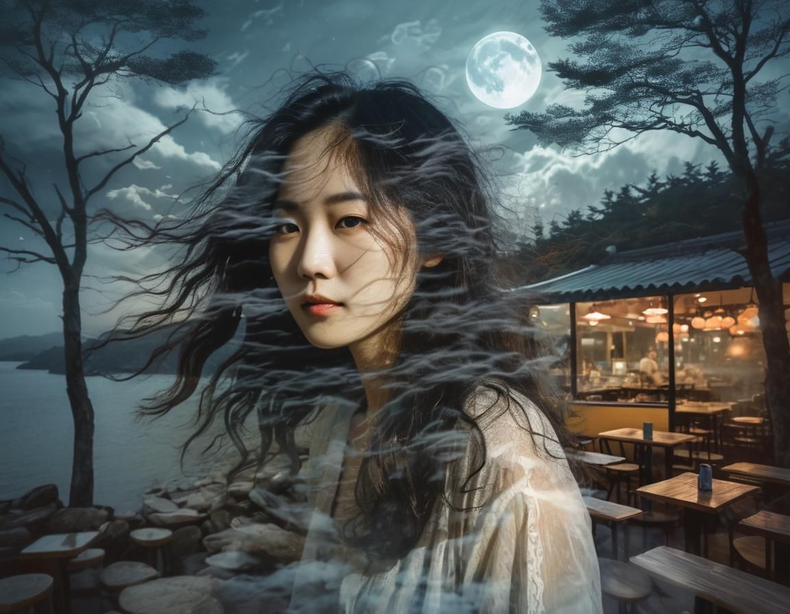 Ethereal Double Exposure: Woman and Windswept Landscape