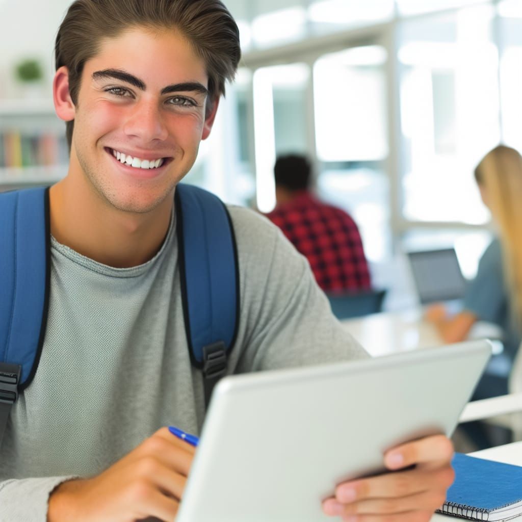 Smiling Student Engaged in Digital Learning