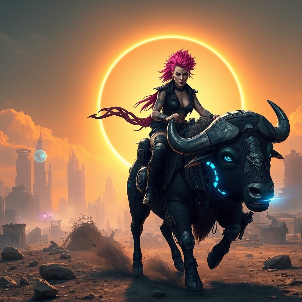 Amazon Warrior Rides Cyborg Buffalo in Post-Apocalyptic City