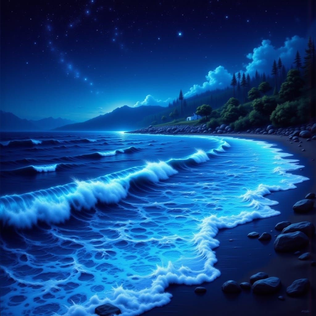 Bioluminescent Waves: Ethereal Impressionism of a Summer Nig...