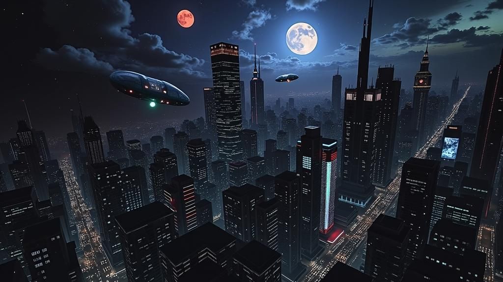 Cyberpunk Cityscape with Neon Skyscrapers and Red Moons