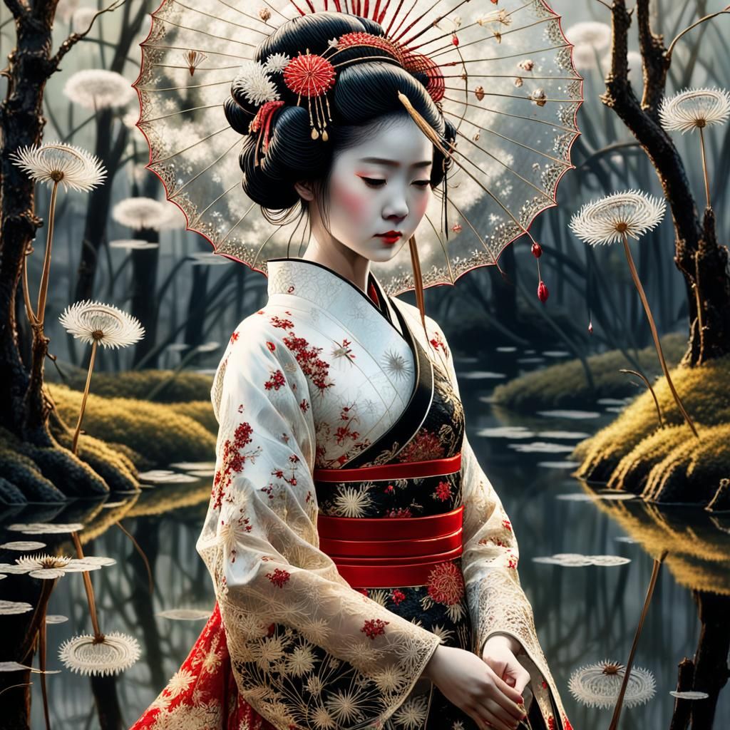 Geisha in Golden Lace Reflects in Dandelion Pond