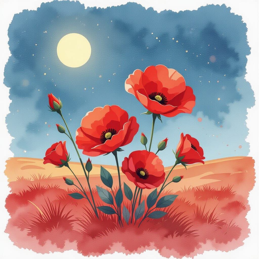 Red Flowers Bloom in Watercolor Alcohol Ink Style