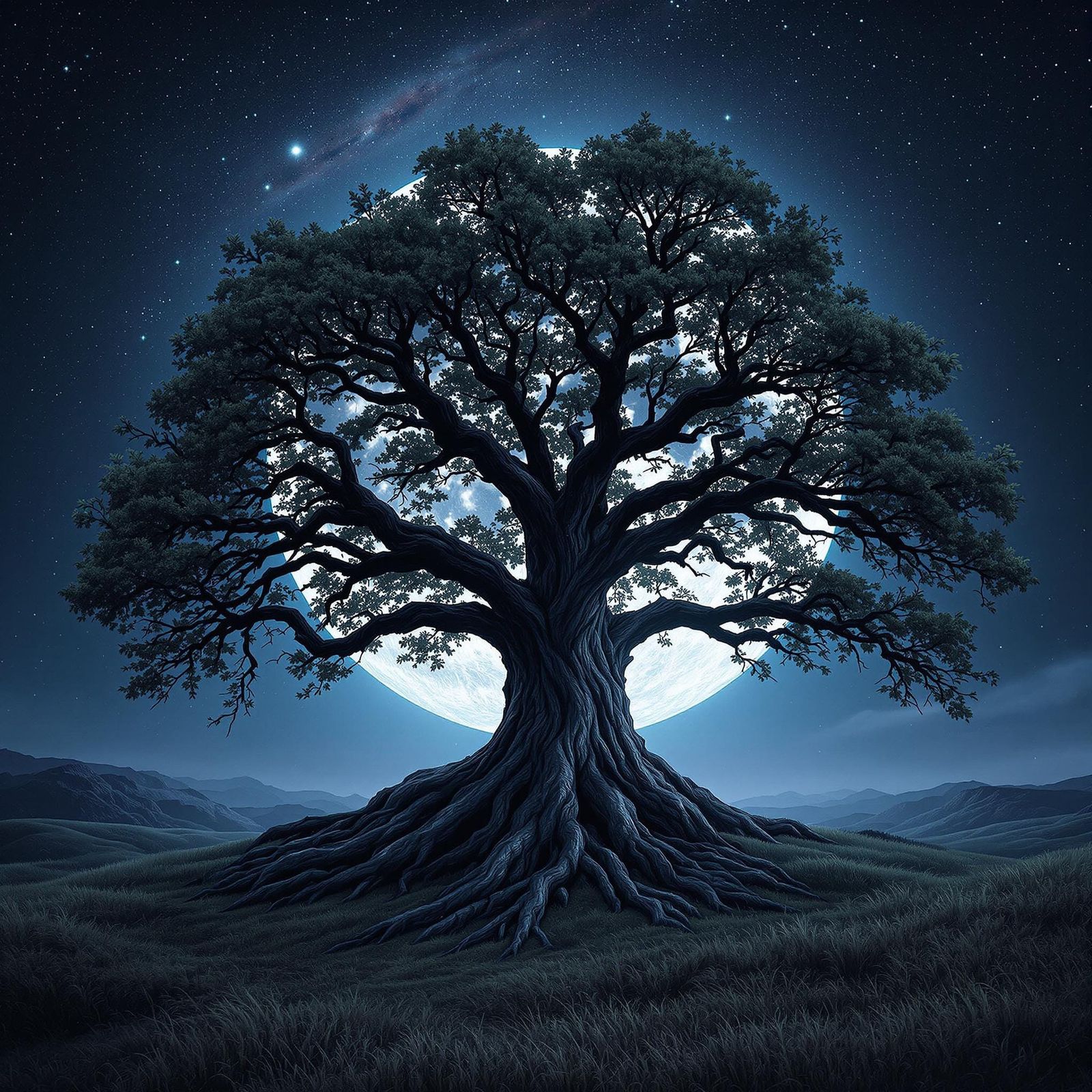 A massive oak tree growing out of a full moon with the galax...