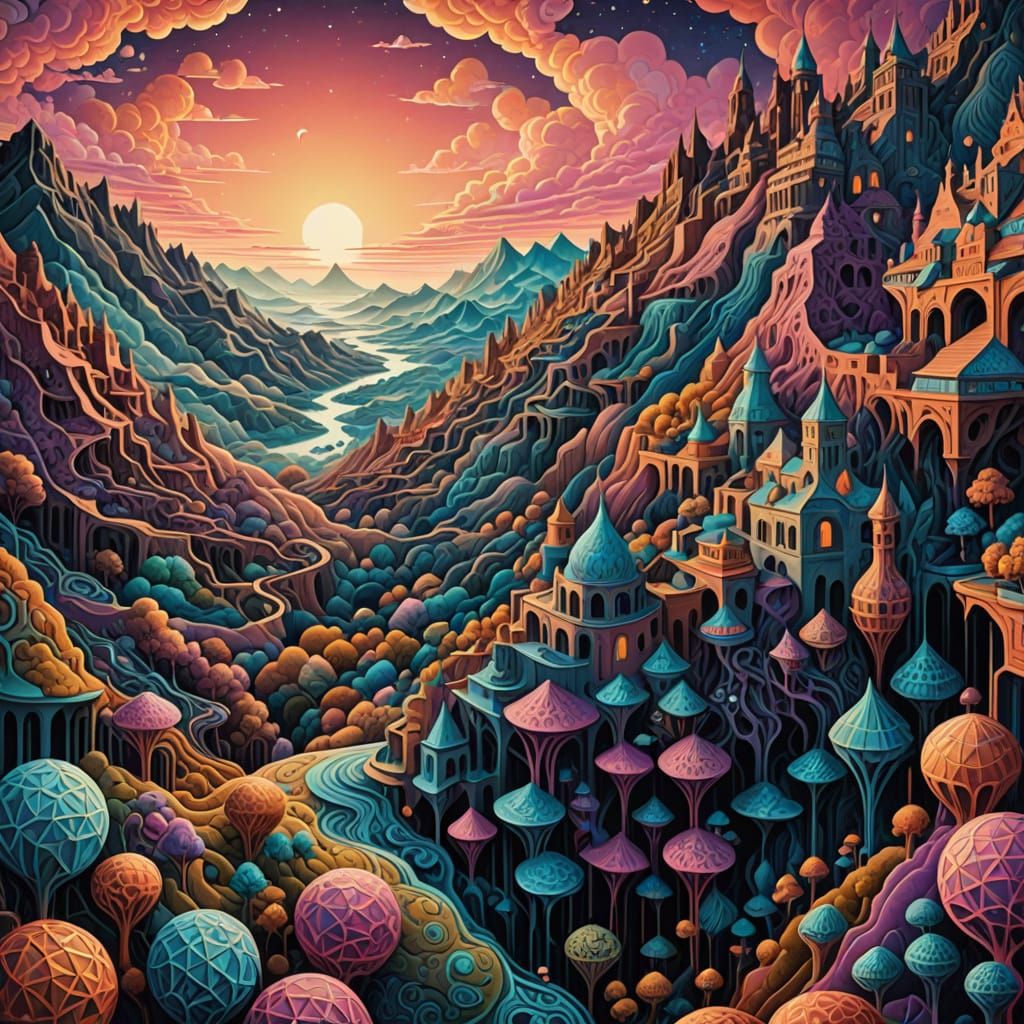 Surreal 3D Landscape with Tessellated Paisley Patterns