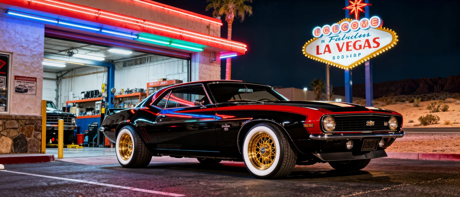 1969 Camaro Black Red Golden Rims Photorealistic Style