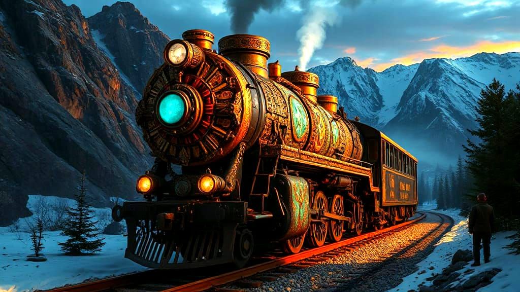 Epic Aztec Steampunk Train in Winter Mountains