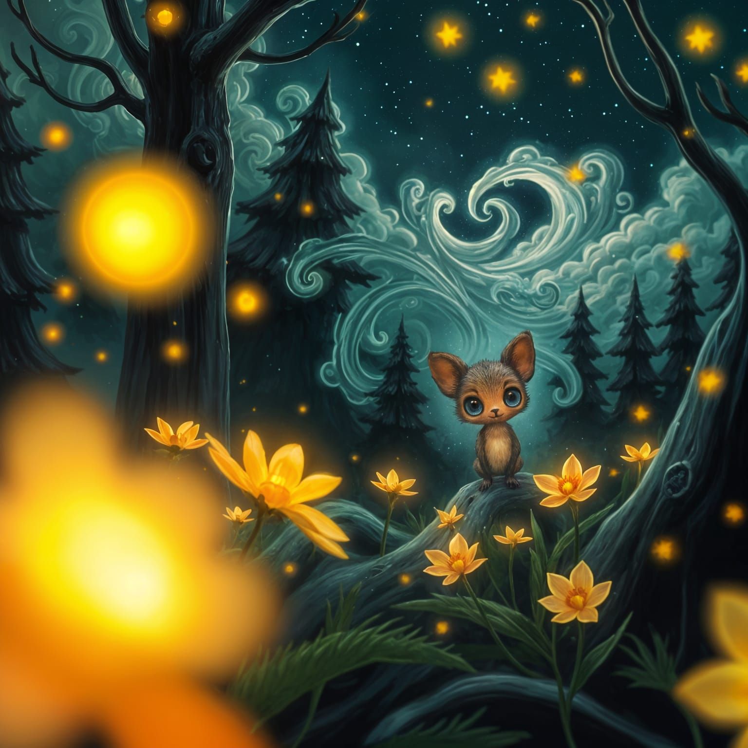 Glowing Creature in Dark Fantasy Forest