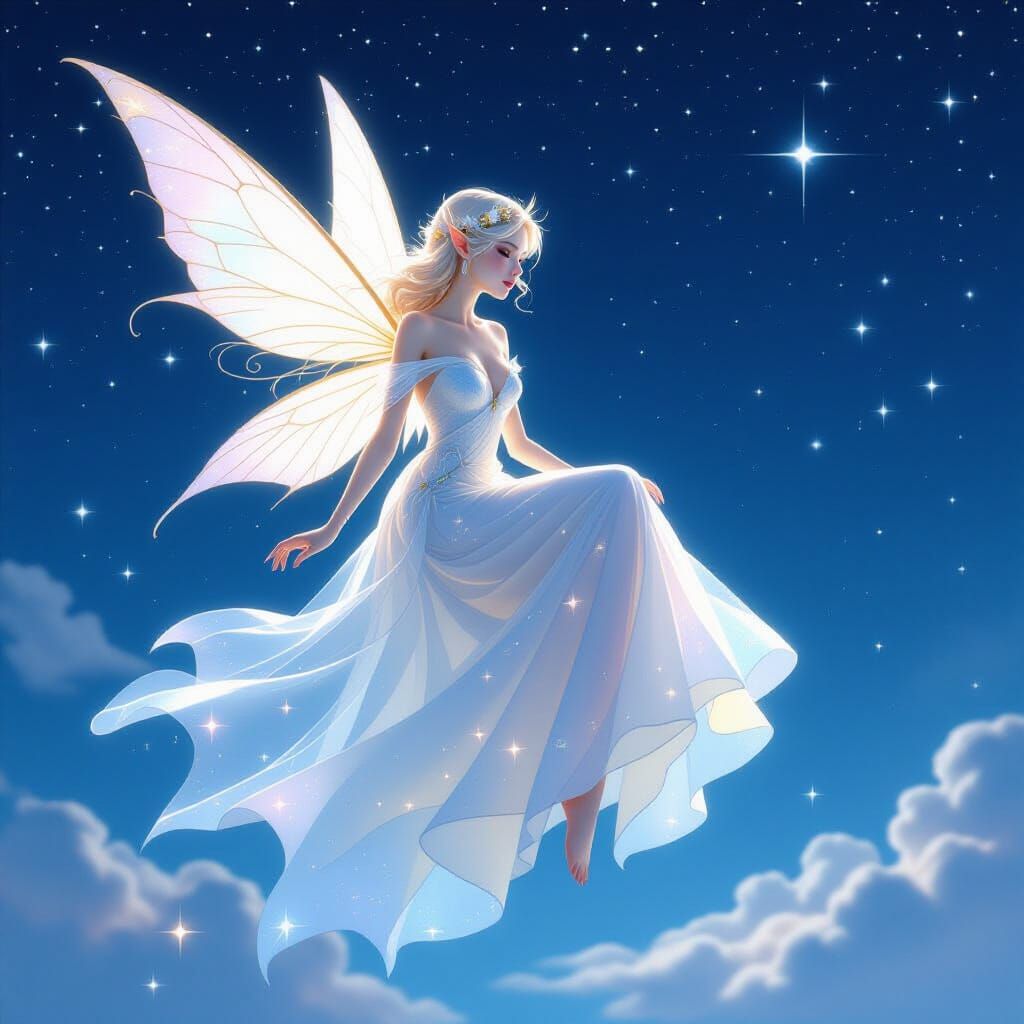 Ethereal Fairy in Starry Night Sky, Digital Art