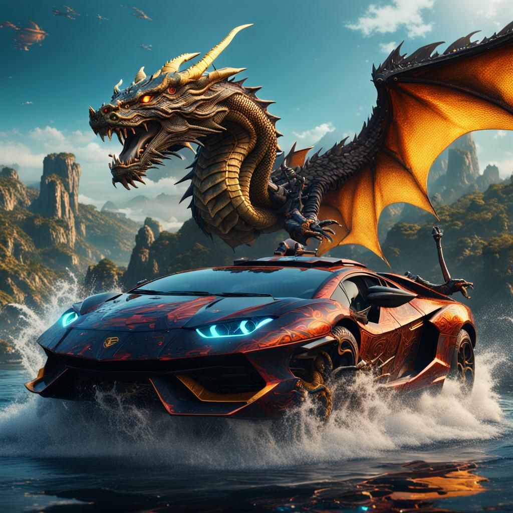 Dragon Lamborghini on Water: Detailed Matte Painting