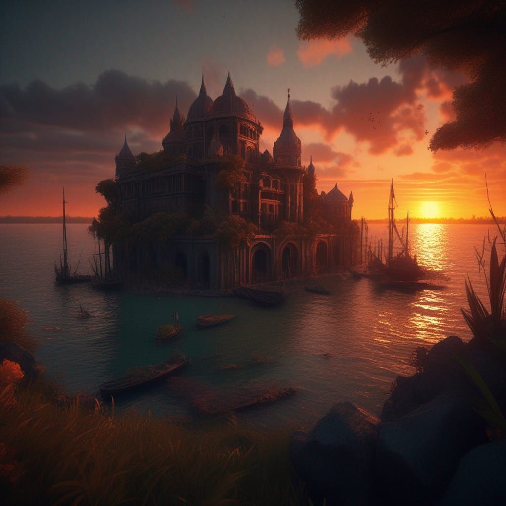 Vibrant Sunset Over Bay: Detailed Matte Painting