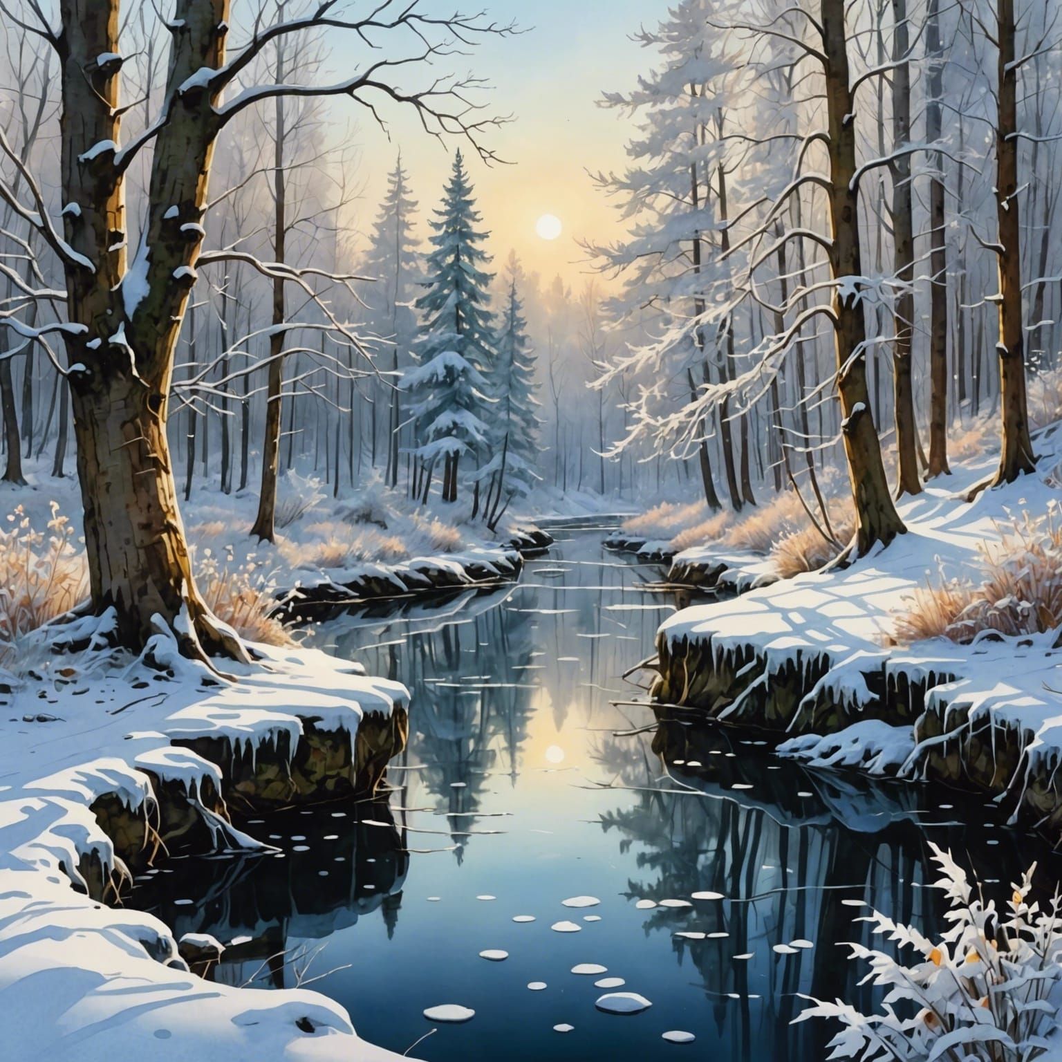 Iced River in Snowy Forest, Watercolor and Ink