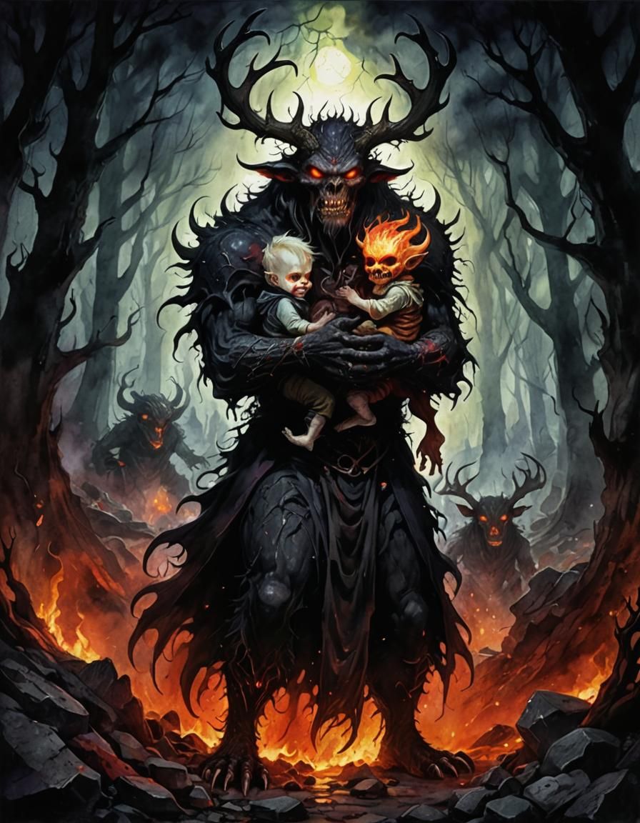 Demonic Father and Child in Burning Hellscape