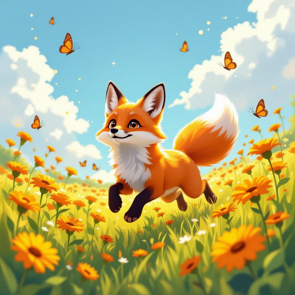 Playful orange fox leaping through a sunlit meadow filled with blooming marigolds, chasing butterflies