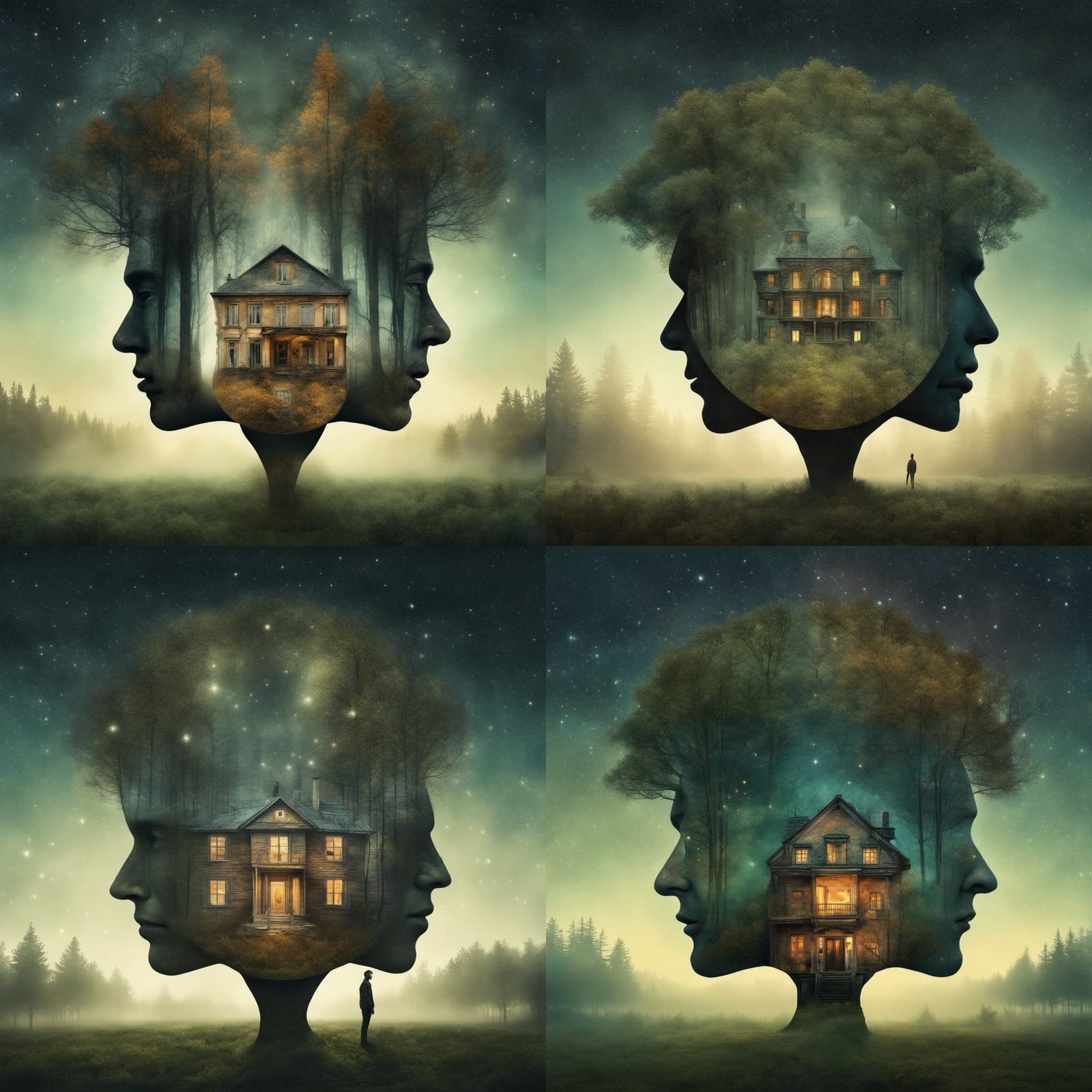 Surreal Double Exposure: Face, House, Forest, Stars