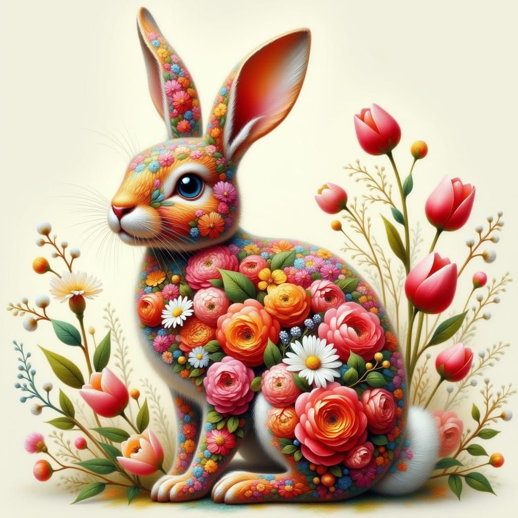 Vibrant Floral Bunny in Ultra-High Detail
