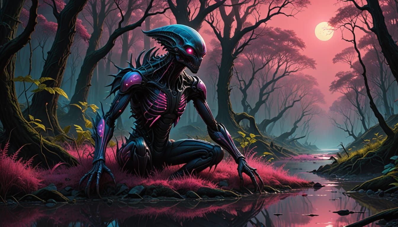 Bioluminescent Alien Creature in Ethereal Forest