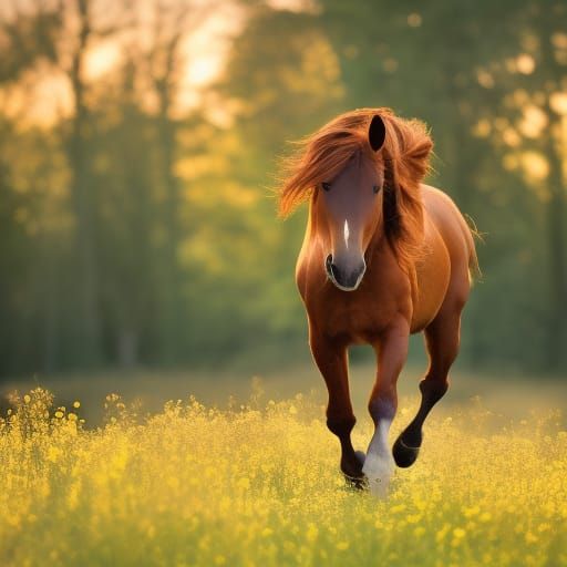 Majestic Chestnut Stallion in Sunrise Meadow
