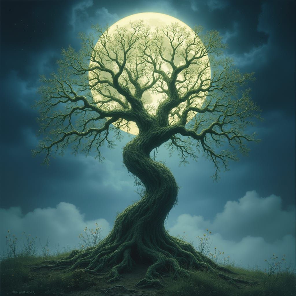 Mystical Tree of Life Under Full Moonlight