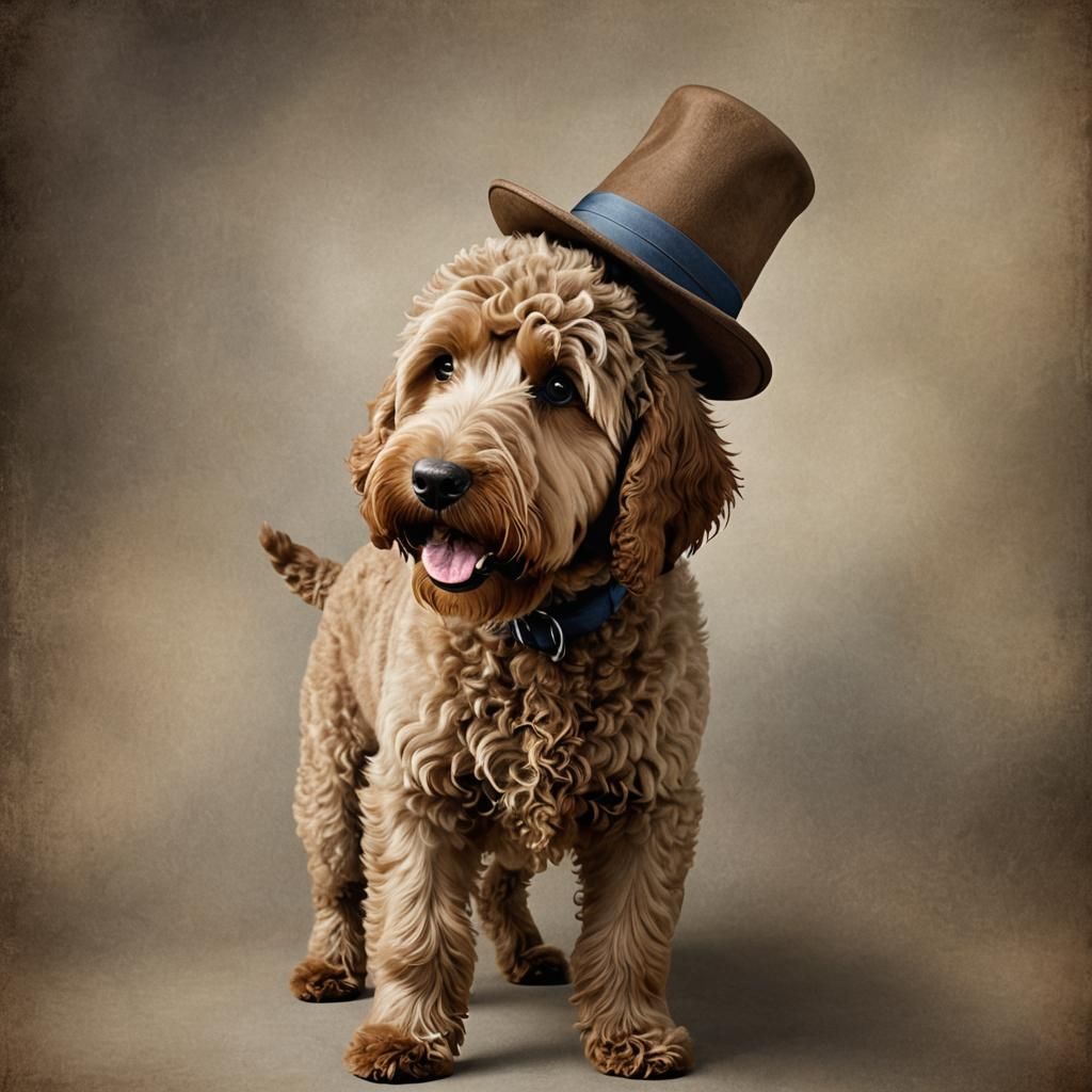Playful Labradoodle Wearing a Hat