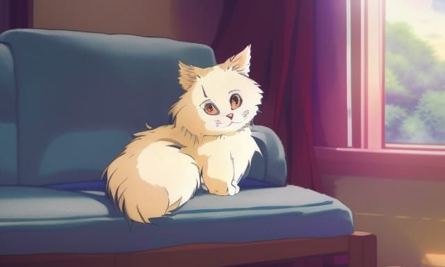 Cute Cat on Sofa in Studio Ghibli Anime Style