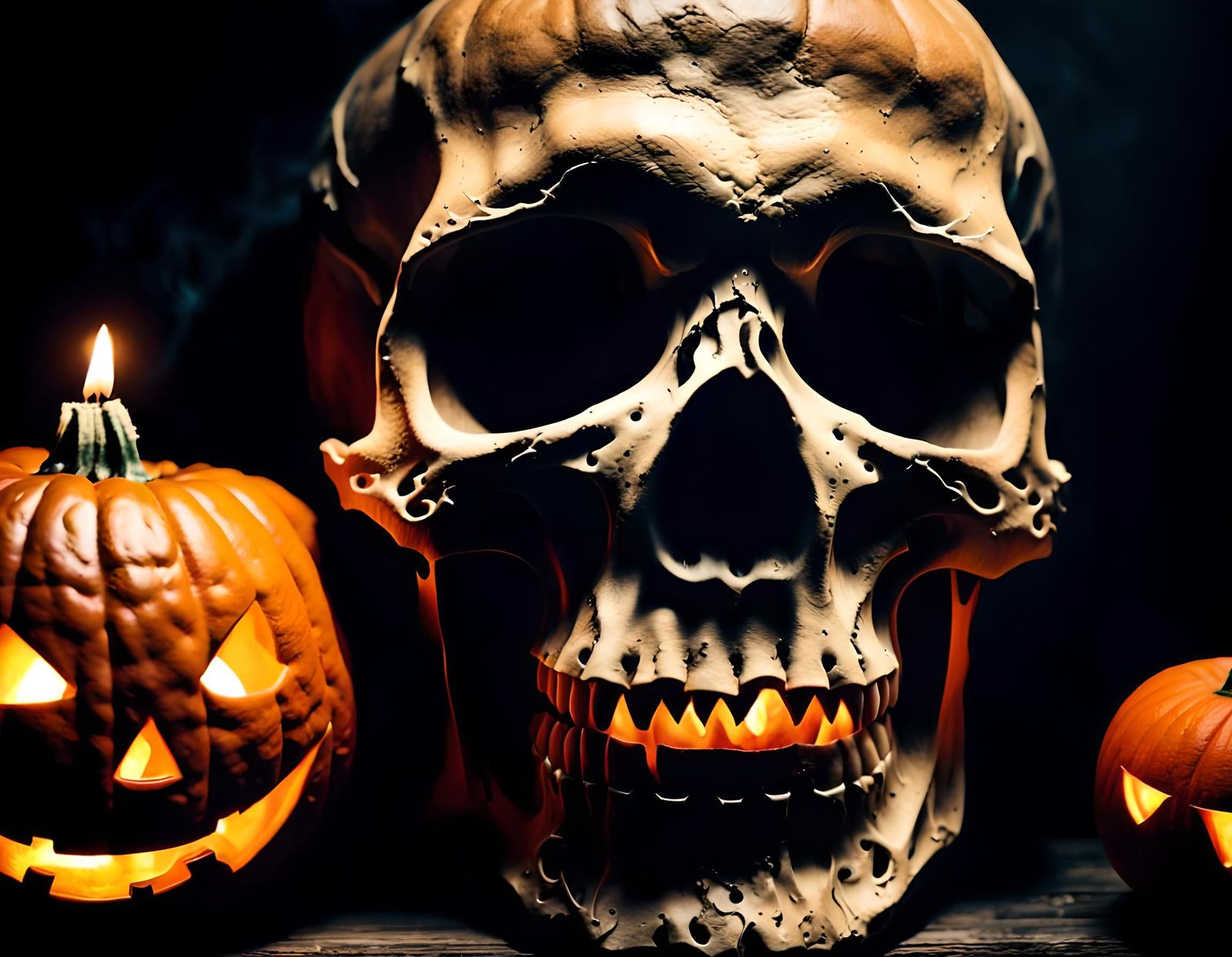 Spooky Skull and Halloween Pumpkin on Black
