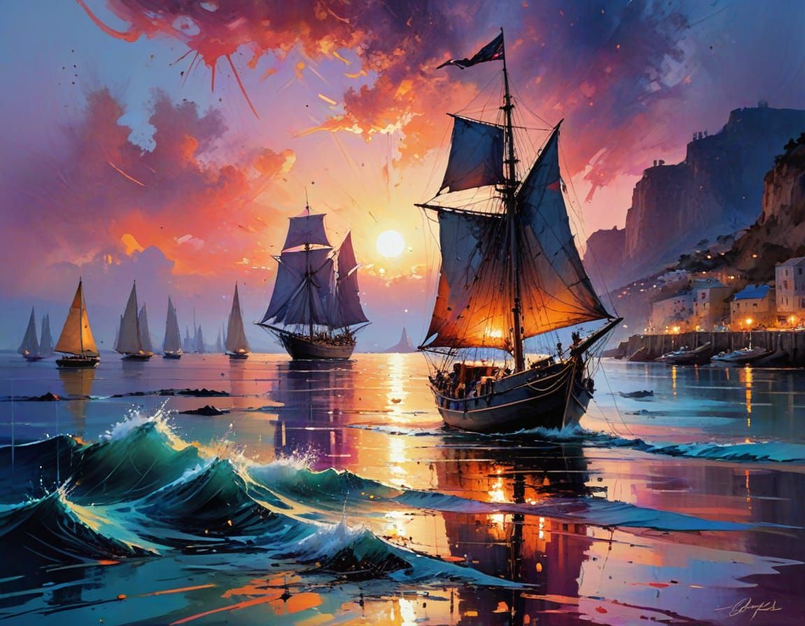 Vibrant Sunset Landscape with Sailship in Drip Art Style