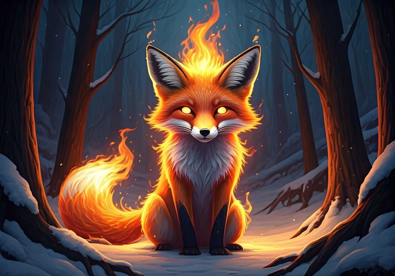 Fiery Fox in Winter Forest, Anime Style